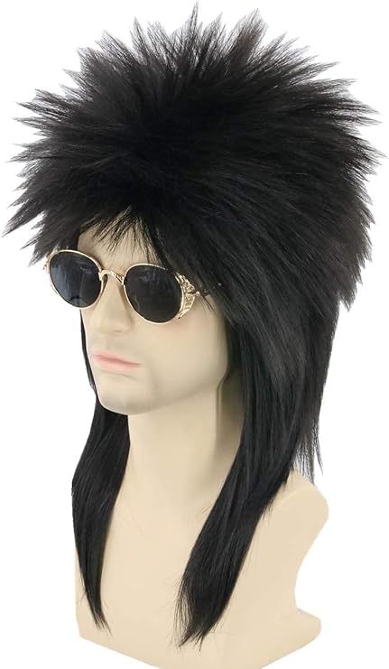 Black Spiked Mullet Wig for Men Women - 80s Heavy Metal Punk Rocker Wig for Halloween Costumes