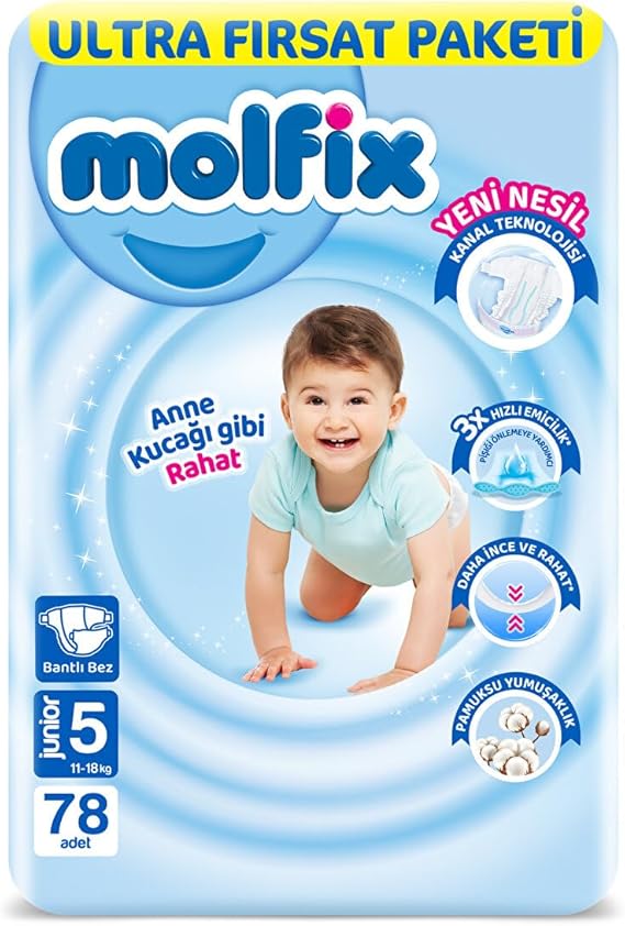Molfix Bebek Bezi 3D Junior 5 Beden Aylık Paket 78 Adet, Beyaz