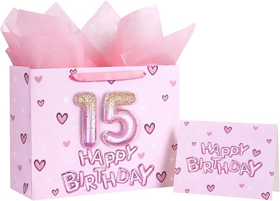 Loveinside 15th Birthday Gift Bag for Girls, Pink 3D Number 15 Balloons and Hearts Design, Medium Size Bag with Tissue Paper, Tag, Greeting Card, Ideal for Birthday Celebration, 10" x 5" x 13", 1 Pcs