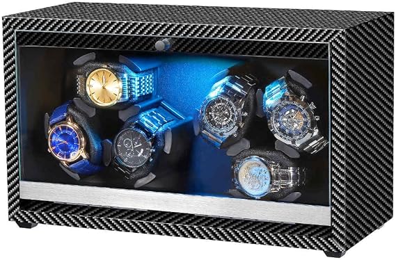 Watch Winder 6 with LED and Super Quiet Motor,Black Carbon Fiber