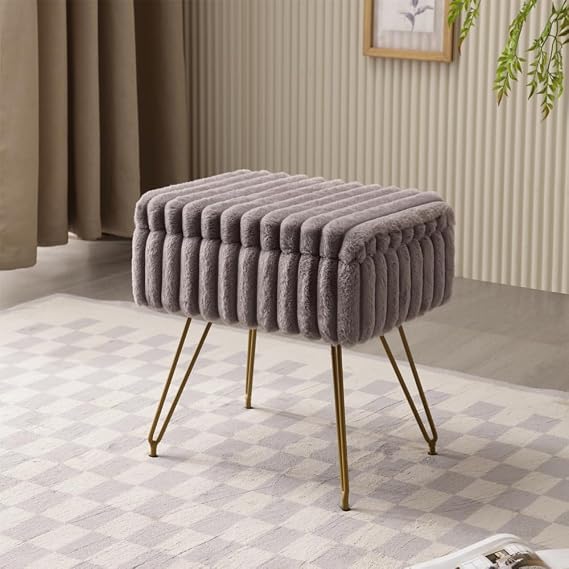 Faux Fur Storage Ottoman, Modern Soft Footstool, Storage Bench with Metal Legs, Vanity Seat, Fur Stool, Ottoman Coffee Table, Makeup Chair, Vanity Stools for Bedroom (Grey)