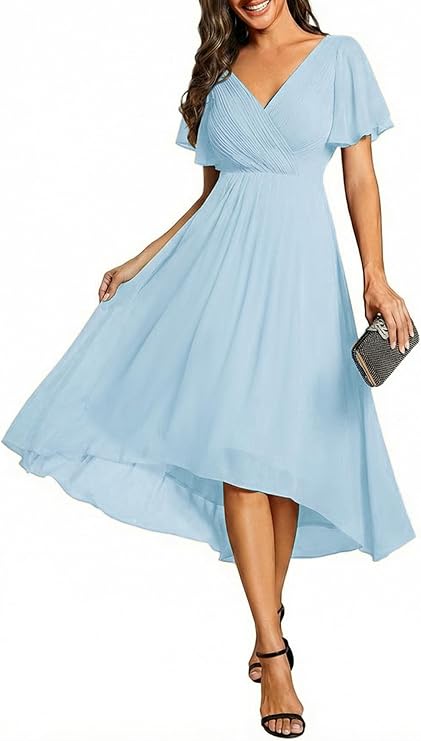Ever-Pretty Women's Summer Chiffon Formal Wedding Guest Dresses Pleated V-Neck Short Sleeves Cocktail Dress 01923