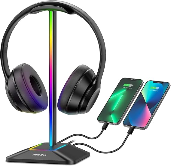 New Bee Headphone Stand with RGB Lighting, Sturdy Aluminum Gaming Headset Holder with USB-C & USB Charging Ports, Stable Desktop Earphone Stand for All Headphones Size, Black | USB-C & USB Charging Ports, Stable Desktop Earphone Stand for All Headphones Size