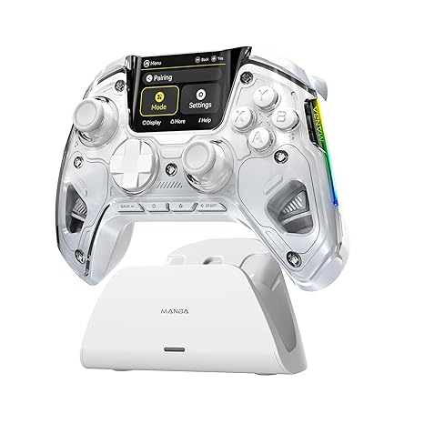 ManbaOne Interactive Screen Wireless Gaming Controller for PC/Switch/Switch 2/iOS/Android,Hall Effect Stick & Trigger,RGB Lighting,Remappable Buttons,1800mAh with Charging Dock (White) | for PC/Switch1/2/iOS/Android,Hall Effect Stick & Trigger,RGB Lighting,Remappable Buttons,1800mAh with Charging Dock