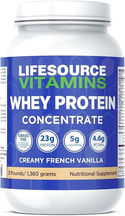 LifeSource Vitamins Grass-Fed Whey Concentrate French Vanilla 3 lb | Grass-Fed Whey Stevia Mixes Smoothly Protein