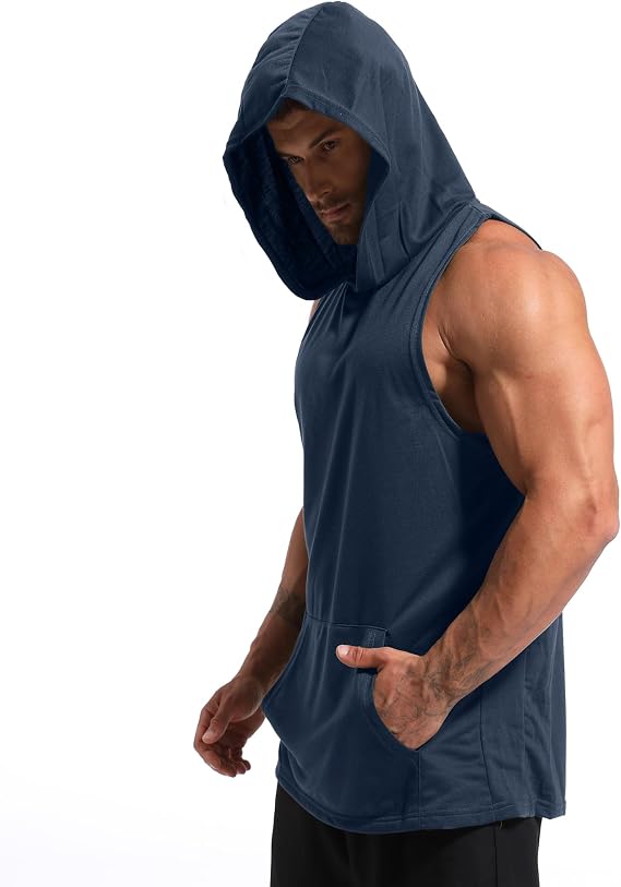 Men's Workout Hooded Sleeveless Muscle Cut-Off Tank Top Dry-Fit Pocket