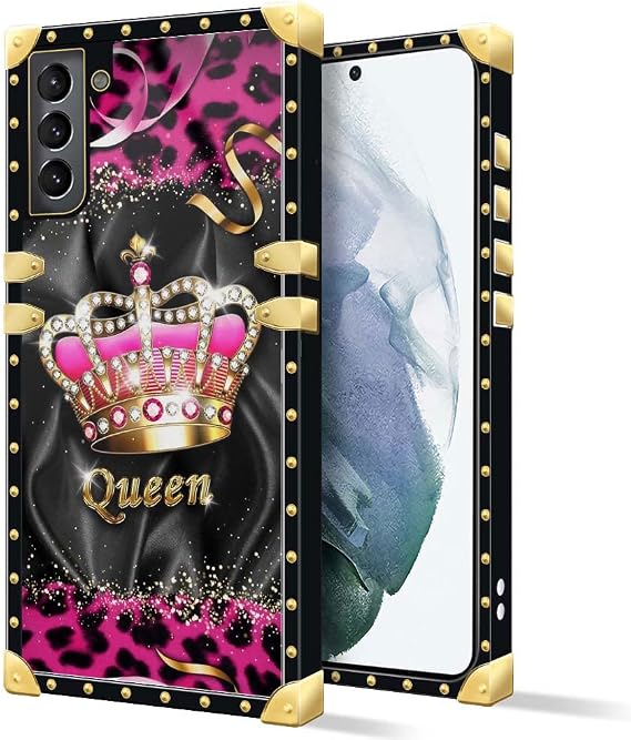 Samsung Galaxy S21 ケース対応 J クラウン クイーン ヒョウ柄 ラグジュアリー エレガント ソフト TPU 耐衝撃 保護 金属装飾 コーナー バックカバーケース