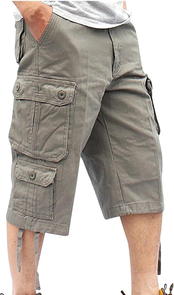 Mens Cargo Pants Casual Loose Cotton Multi Pockets Shorts 7 Inch Inseam Outdoor Fashion Utility Tooling Trousers