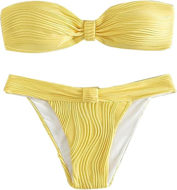 Bikini Sets for Women Sexy Push up Strapless Bandeau Cheeky Swimsuit Solid Texture High Cut Summer Beach Bathing Suit