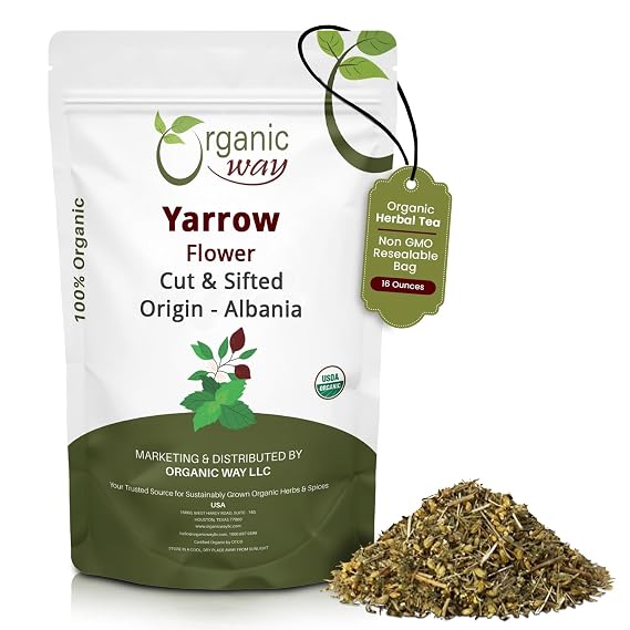 Organic Way Yarrow Flower Cut & Sifted (Achillea millefolium) - Herbal Tea | European Wild-Harvest | Kosher & USDA Certified | Vegan, Non-GMO & Gluten Free | 100% Raw from Albania (1LBS / 16Oz.)