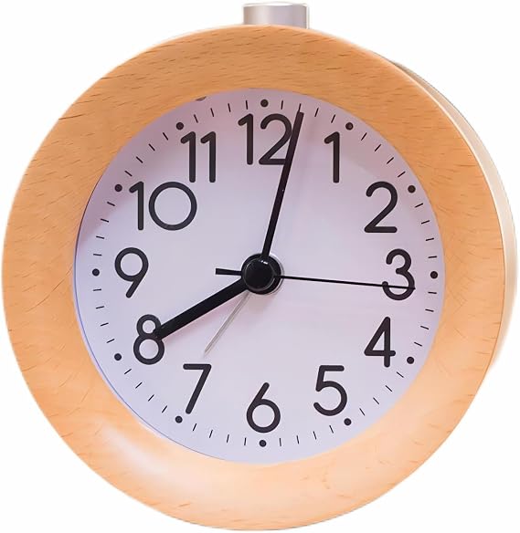 Analog Wood Alarm Clock Round Silent Night Light Battery Operated | Non Ticking with Arabic Numerals Snooze for Desktop Bedroom Bedside Yellow