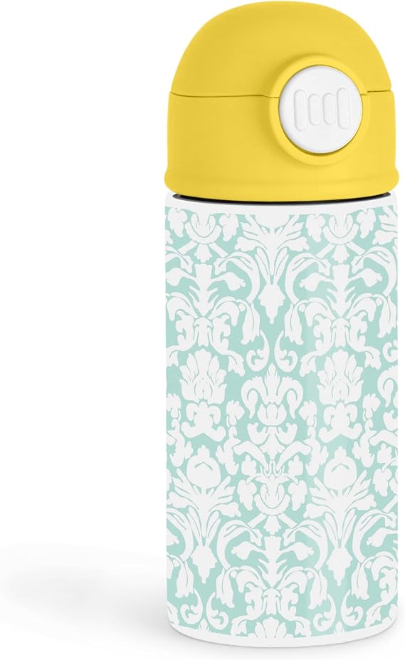 Sweet Tea Lover 12oz Kids Yellow Bottle Mint blue damask floral pattern with yellow lid School Lunch, Playdate