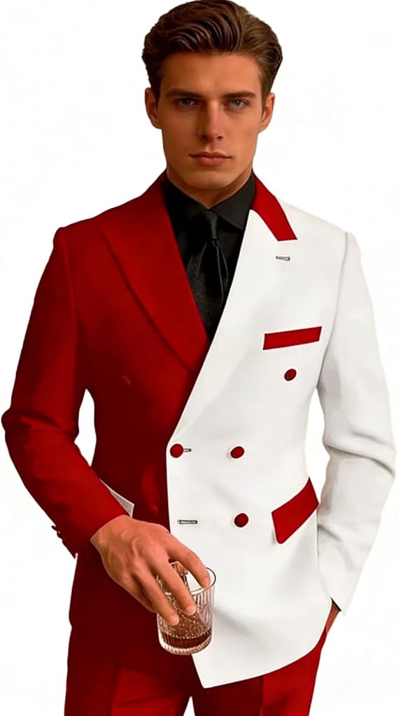 Men's Match Color Blazer & Pants Double Breasted Suit Set Wedding Homecoming 2 Piece Peak Lapel Formal Groom Tuxedo Outfit Red