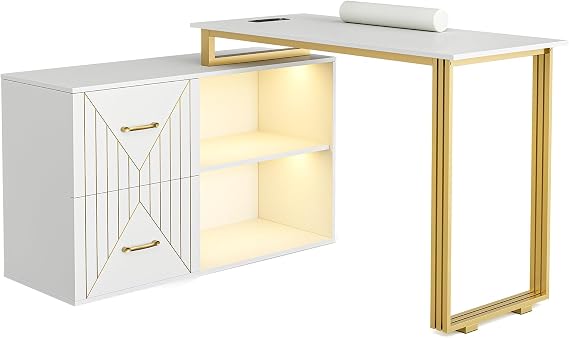 Paddie Manicure Table for Nail Tech with Wrist Cushion, Corner Nail Desk with 2 Drawers and 2 Shelves, Beauty Salon Nail Supplies Decor Station with 16 Colors LED Lights (White)