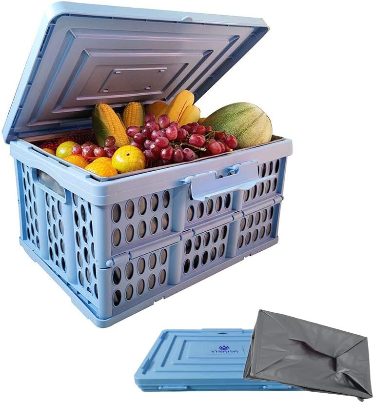 YINGGG Foldable Storage Crate for Trucks, Foldable Storage Box, Stackable Containers, Collapsible Crate Storage Waterproof Bag, Stackable Grocery Box with Lid, Blue, 45cm x 35cm x 24cm