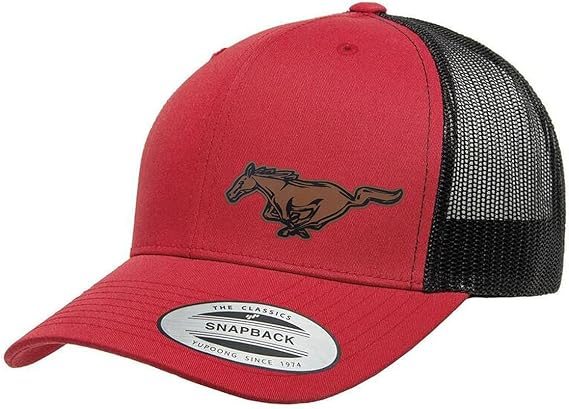 Ford Mustang Running Horse Side Logo Laser Engraved Leather Patch Yupoong 6606 Snapback Trucker Fitted Cap
