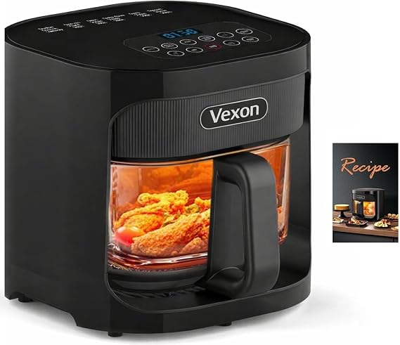 4.5QT Large Glass Air Fryer See-Through Glass Window, Non Toxic, 360 Hot Air and Auto Shut-Off for Crispy Food, Temperature Control Dishwasher Safe