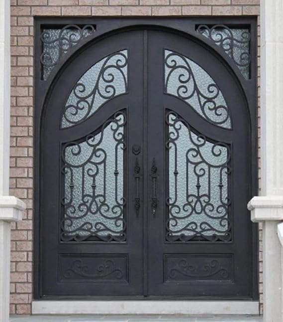 CHETTO C Iron Double Door Exterior Entry Front Door Prehung Aquatex Glass, Oil Rubbed Bronze, 60" W x 96" H