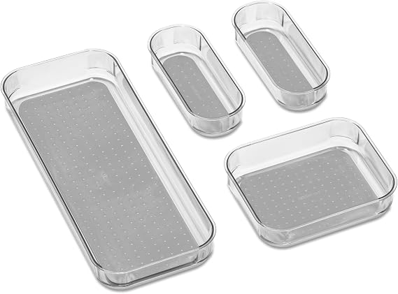 madesmart Clear 4 Piece Drawer Bin Set, Grey