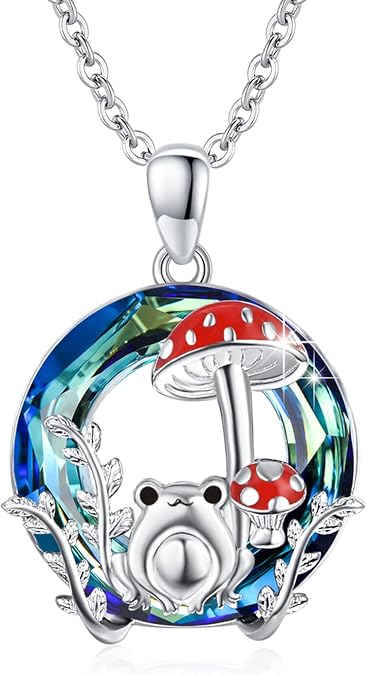 Frog Necklace,925 Sterling Silver Crystal Mushroom Amphibians Reptiles Necklaces Jewelry for Women