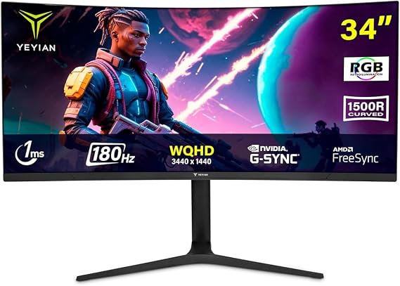 YEYIAN 34 Ultrawide Curved Gaming Monitor, 180Hz, 1ms, WQHD 34401440, 1500R VA Panel, sRGB 129%, DCIP3 92%, FreeSync, HDR10, HDMI2, DP1.42, Tilt Adjustable