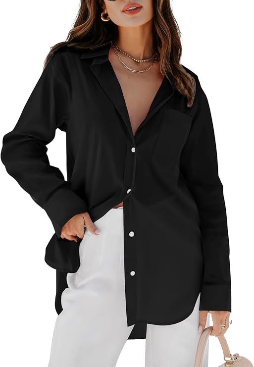 siliteelon Oversized Button Down Shirts for Women Long Sleeve Dress Shirt | Collared V Neck,Boyfriend Style,Business Casual Office Tunics,With Jeans,Loose Fit,Trendy Classic,Wrinkle-free,With Pocket