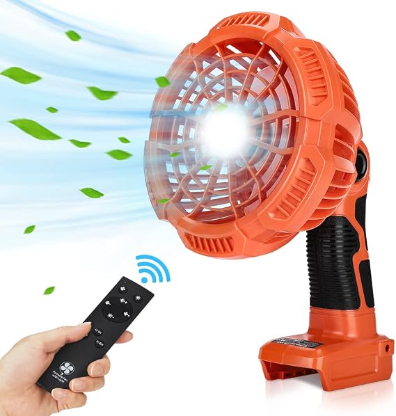 YEX-BUR Fan for Black and Decker 20v Battery, Cordless Fan with Remote, 3 Speeds, 3 Mode Adjustable LED Light, USB-A Charging Port for Outdoor Camping Power Outage Emergency