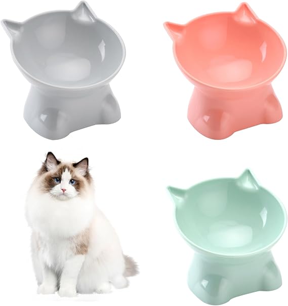 3Pcs Raised Cat Bowl, Elevated Cat Food Bowls with Stand Tilt, Pet Dog Cat Bowl Anti-Tipping, Anti-Vomiting Cat Food Bowl Food Bowl Cat Dishes 15° Tilt Raised Cat Feeder