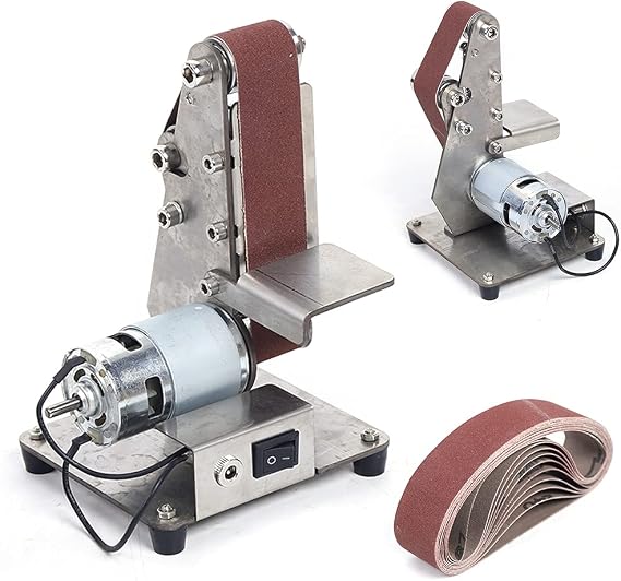 Electric Belt Sander Polishing Grinding Sharpener DIY Power Sanding Machine Cutter Edges Mini Bench Belt Grinder Kit with 10PCS Sanding Belt Adjustable 4500-9000RPM Lijadora de Banda (775 Motor)