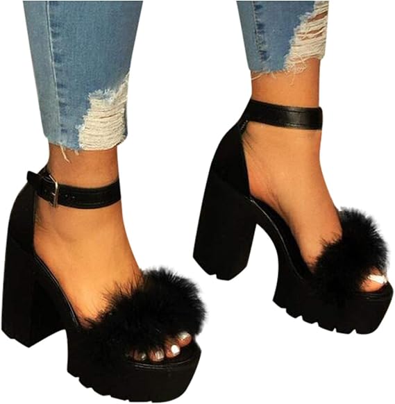 ZBYY Womens Platform Faux Fur Sandals Chunky Heel Open Toe Ankle Strap Sandals Summer High Heeled Dress Pumps Shoes