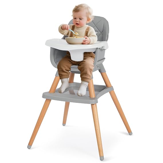Kinder King 7 in 1 Wooden High Chair for Babies and Toddlers, Booster Seat | Convertible Baby High Chair, 3-Depth Dual Dishwasher Safe Tray, 5 Point Harness, Large Storage Footrest, Infant Highchair