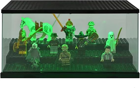 Display Case with LED Light for Minifigure Action Figures Blocks, 3 Layers Acrylic Minifigure Storage Display Box for Lego Mini Figures, Black
