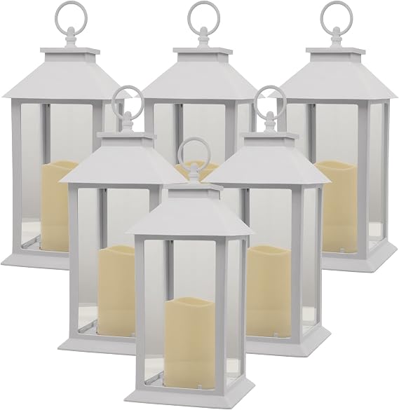 Pack of 6 YAKii Hanging Glass Panes Lantern Decorative with LED Flameless Candle and Timer Operated by 3AAA Battery Use for Garden Yard, Indoor & Christmas Day Decoration (White)