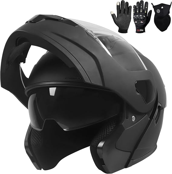 Modular Flip up Motorcycle Helmets for Men Women, DOT Approved | Dual Visor Full Face Helmet for Adult Ebike Moto ATV UTV Snowmobile ADV Cruiser Four Wheeler Street Bike with Gloves Mask