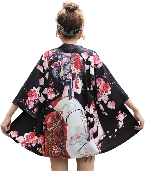 GK-O Women Japanese Kimono Cardigan Geisha Print Yukata Jacket