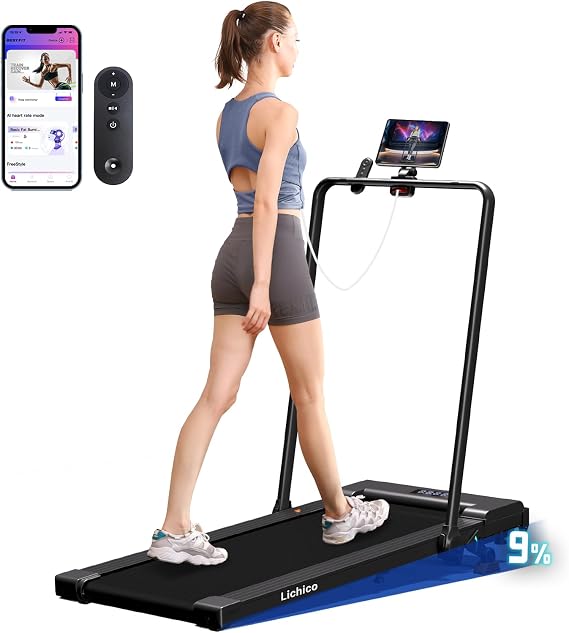 Lichico Treadmill with Incline Walking Pad Under Desk for Home and Office, 8.7MPH Compact Portable Folding Treadmill with Handle Bar, 3.0HP Quiet Brushless Motored, Remote and Smart App Control