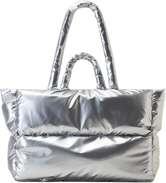Puffer Tote Bag for Women, Large Quilted Puffy Shoulder Bag, Winter Down Cotton Padded Handbag Travel Purse