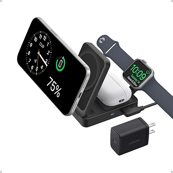 Anker MagGo 3-in-1 MagSafe-Compatible Qi2 15W Foldable Charging Station | Qi2-Certified Wireless Charging Stand for iPhone 17 - 12 Series, AirPods, Apple Watch Ultra(Non-Battery, Adapter Included)