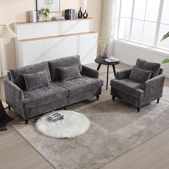 2 Pieces Sofa Couch Set for Living Room, 68'' Mid Century Modern Loveseat and Accent Chair Set, Chenille Sofa Comfy Cloud Couch with Deep Seats for Small Spaces Apartment Bedroom, Grey