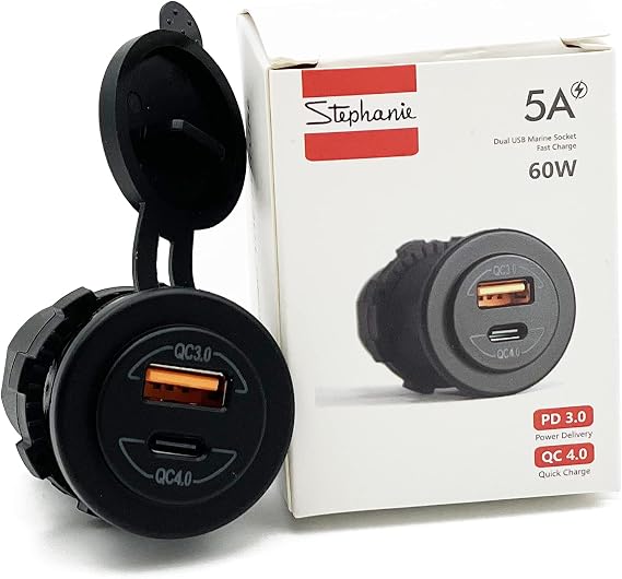 60W Socket Dual USB Type C PD 3.0 (60W) + USB A (36W) Fast Charger for Car, Boat, Marine & RVs