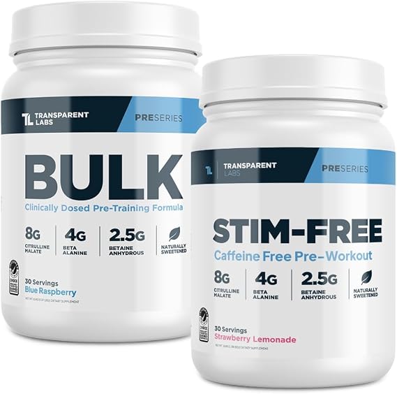 Transparent Labs Bulk Pre-Workout (30 Servings, Blue Raspberry) & Stim-Free Pre-Workout (30 Servings, Strawberry Lemonade)