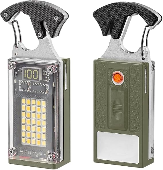 BY-J LED Small Flashlight, Keychain Light, COB Multi-Function Mini Work Light, 1000 Lumens Rechargeable, 8 Lighting Modes, Fire Starter, Seat Belt Cutter, Screwdriver, Green