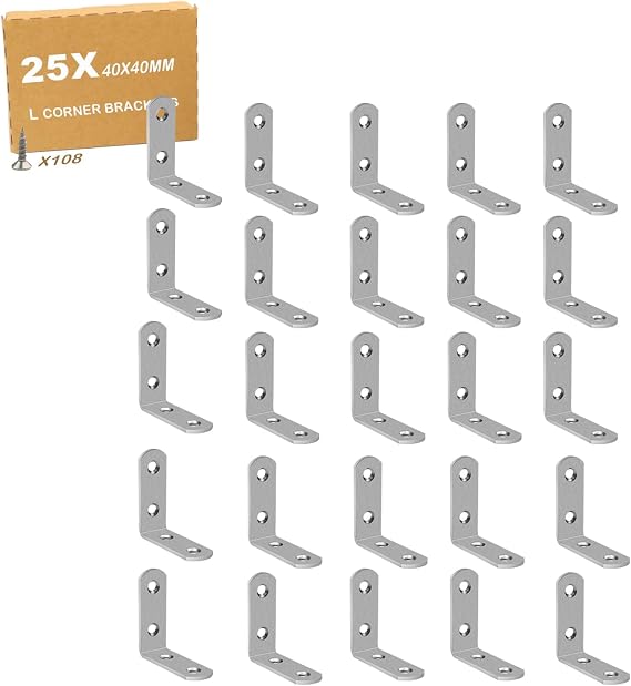 Angle Brackets , L Brackets for Wood with Screws, 20 x 20mm/40 x 40mm Corner Metal for Wood for Stainless Steel Corner Brace Chair Table Window Fixation Garden, Tool Room, Garage (25, 40*40)