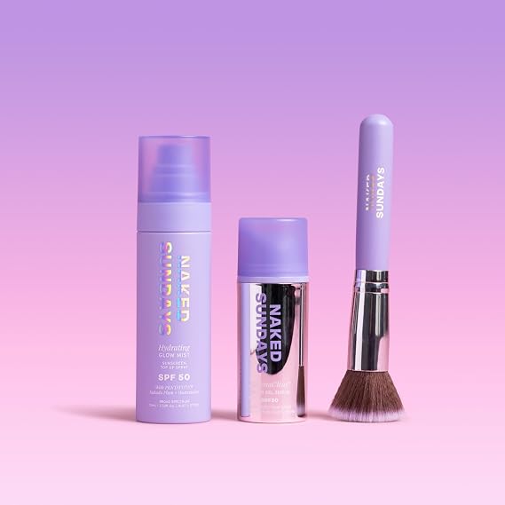 Naked Sundays SPF 50 Clear Sunscreen Bundle Hydrating Glow Mist, CabanaClear Invisible Water Gel Serum 30ml & Application Brush - SPF Set, Fragrance-Free, Broad Spectrum UVA/UVB