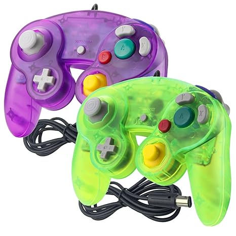 Reiso Gamecube Controller, 2 Pack NGC Classic Wired Controller for Wii Game cube Console (Clear Purple and Green)