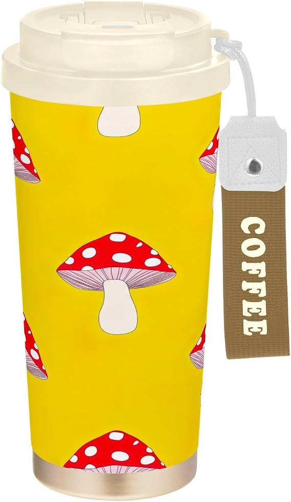 Coffee Travel Mug 16+ Oz with Straw and Filp Lid, Ceramic Coating Vacuum Insulated Stainless Steel Travel Coffee Tumbler Leak Proof, Mushrooms Bright Yellow