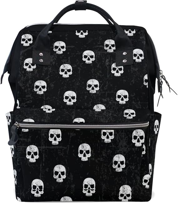 Large Capacity Baby Diaper Bag Black White Skulls Pattern Durable Multi Function Travel Backpack