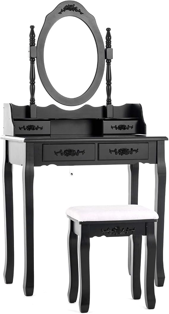 Vanity Table,Makeup Dressing Table with Oval Mirror,Bedroom Vanity Set w/Cushioned Stool 4 Drawers Women Girls Kids Black