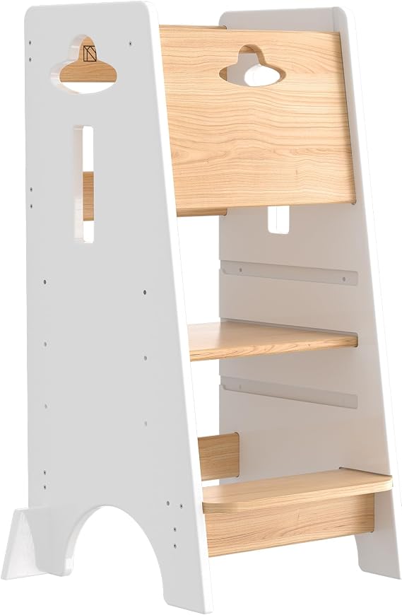 COSYLAND Toddler Kitchen Stool Helper with Front Barrier 18MM/0.7IN Thick Wood Standing Tower with Stabilizing Feet Parents' Assistant for Kitchen, Bathroom, Living Room (White)