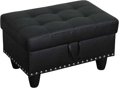Storage Ottoman Bench, 28.5 Rectangle Faux Leather Foot Rest Stool with Nailhead Trim, Upholstered Ottoman for Living Room, Bedroom & End of Bed, Black